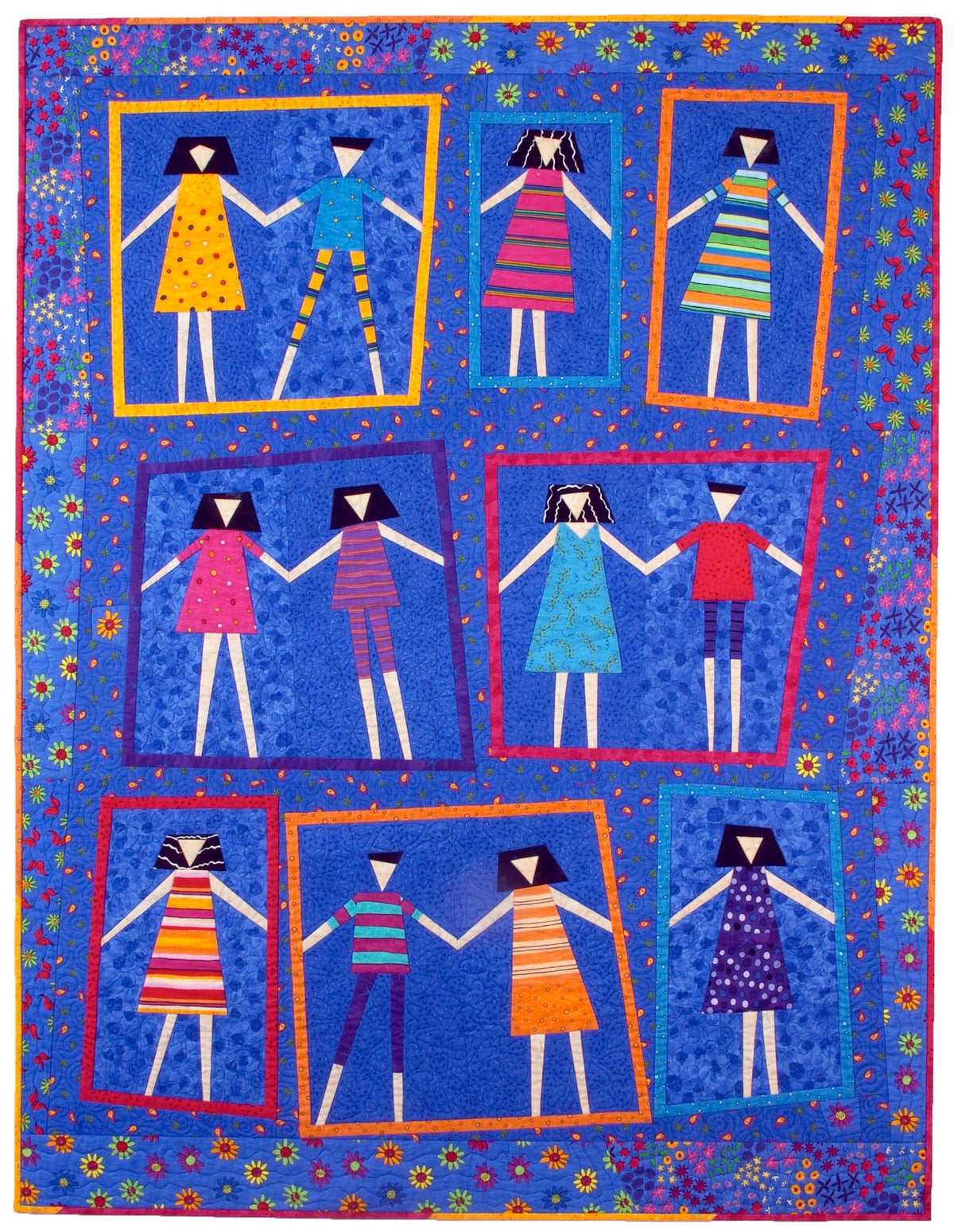 Colorful quilt with cartoon-style characters in frames on a blue background