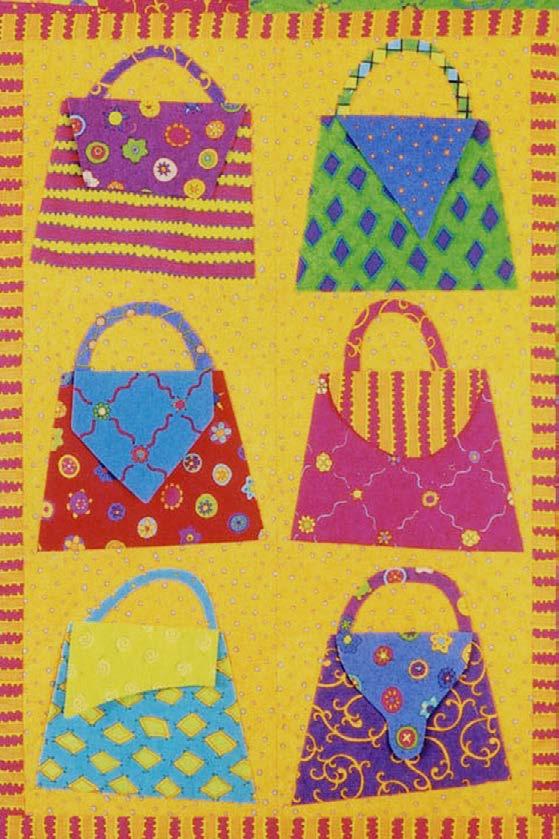 Colorful quilt with patterned handbags on a yellow background