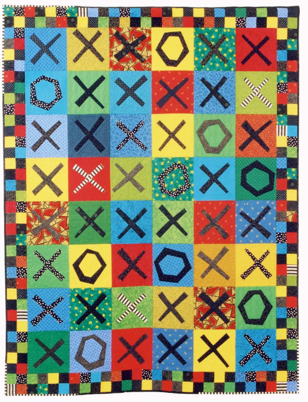 Colorful quilt with tic-tac-toe pattern on a multicolored background