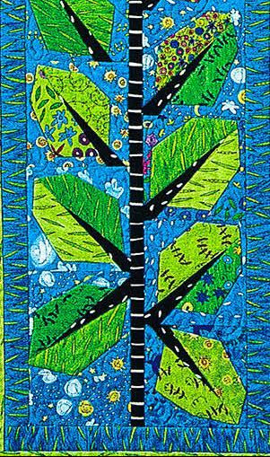 Quilted height chart with green leaves on a blue background