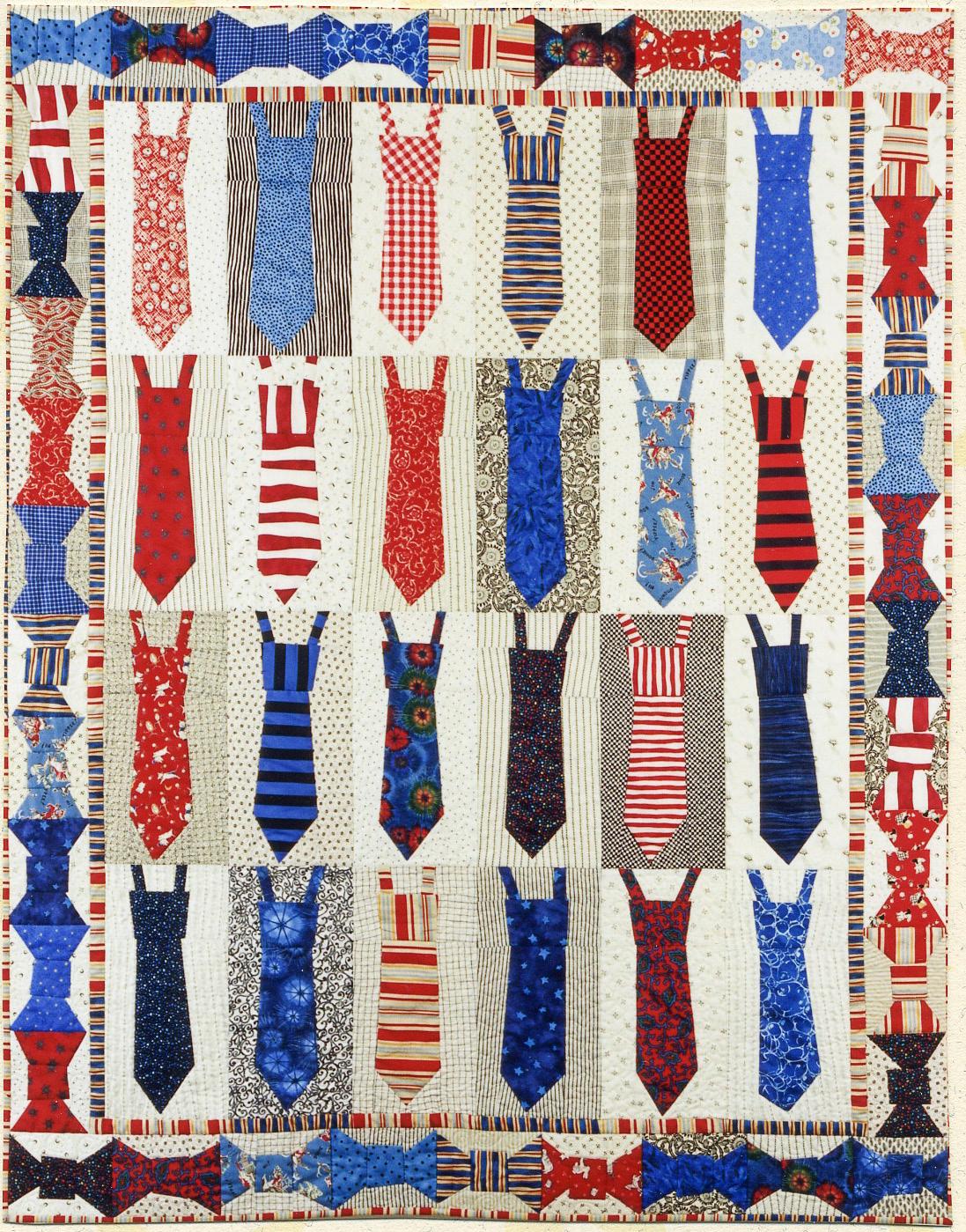 Quilt with pattern of red, white, and blue ties on a beige background