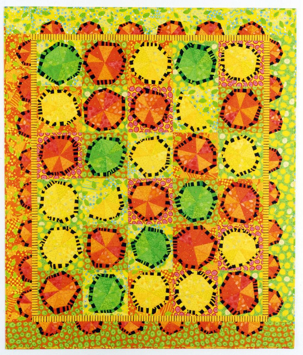 Colorful quilt with circular pattern on a green background