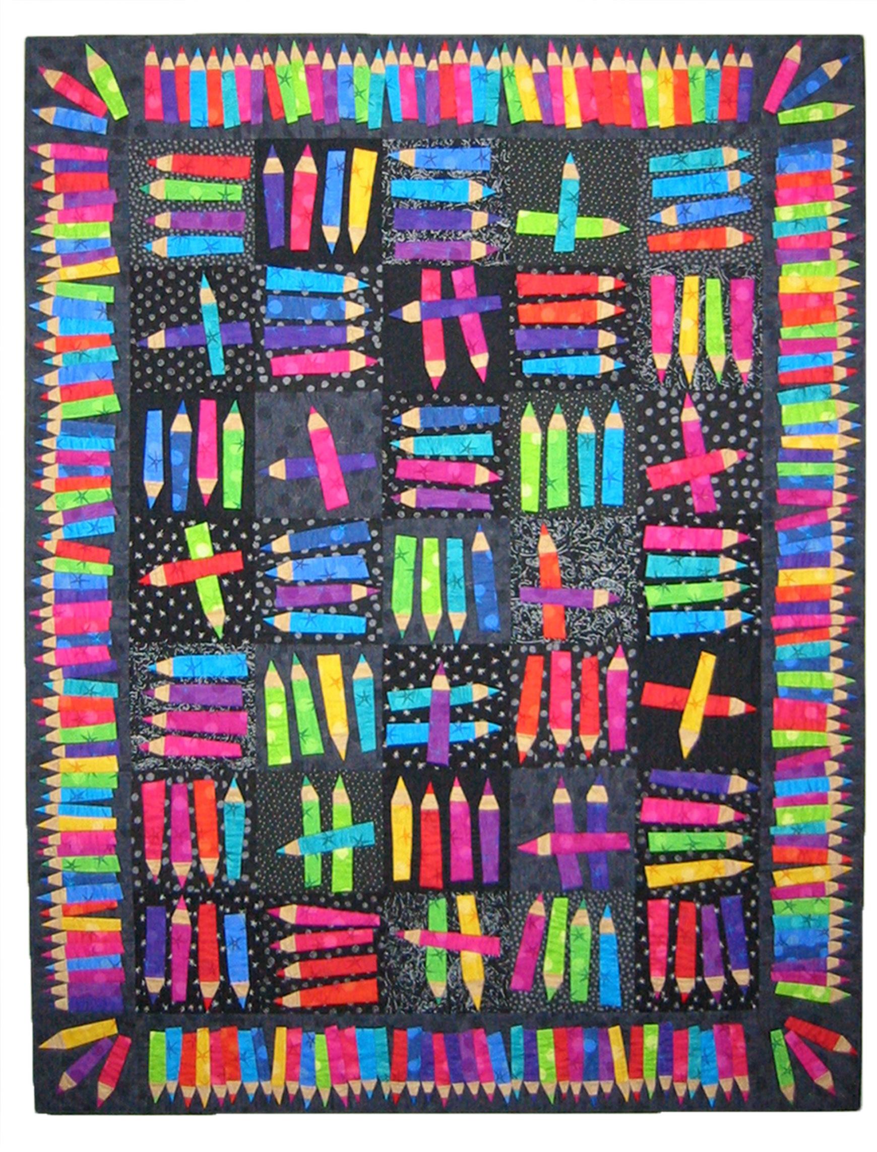 Colorful quilt with pattern of crayons on a black background