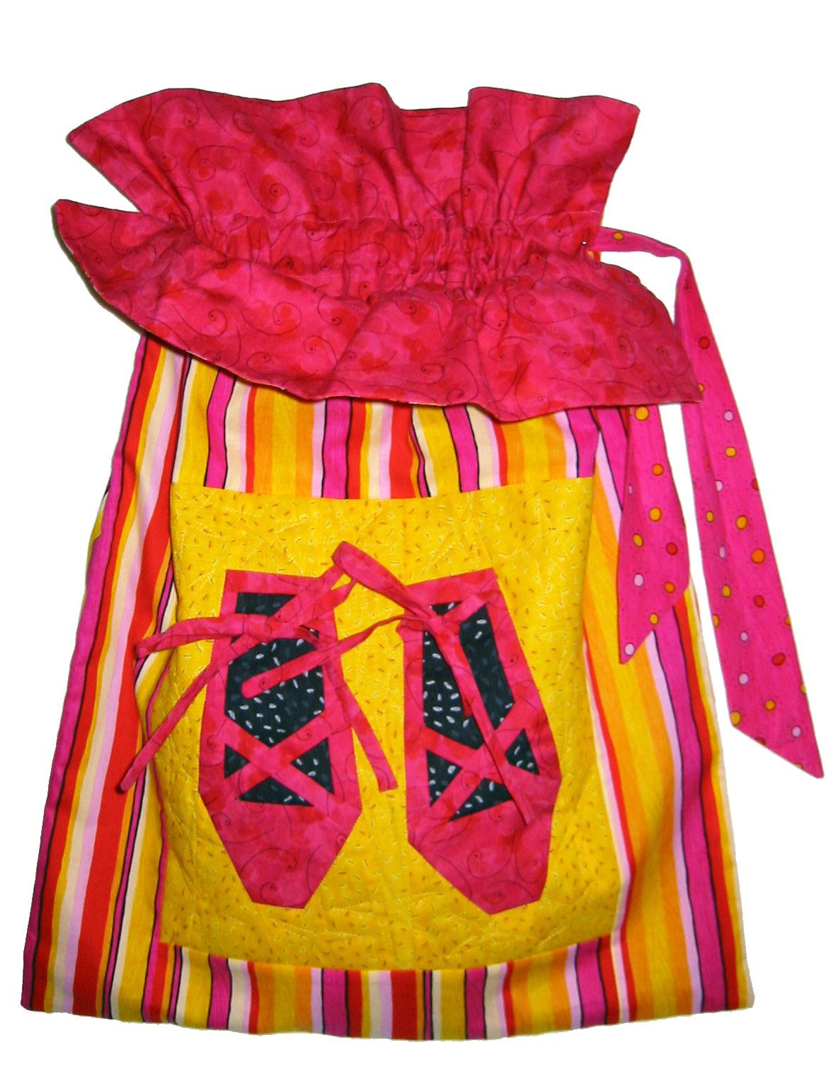 Colorful drawstring bag with pink ballet shoes design on a white background
