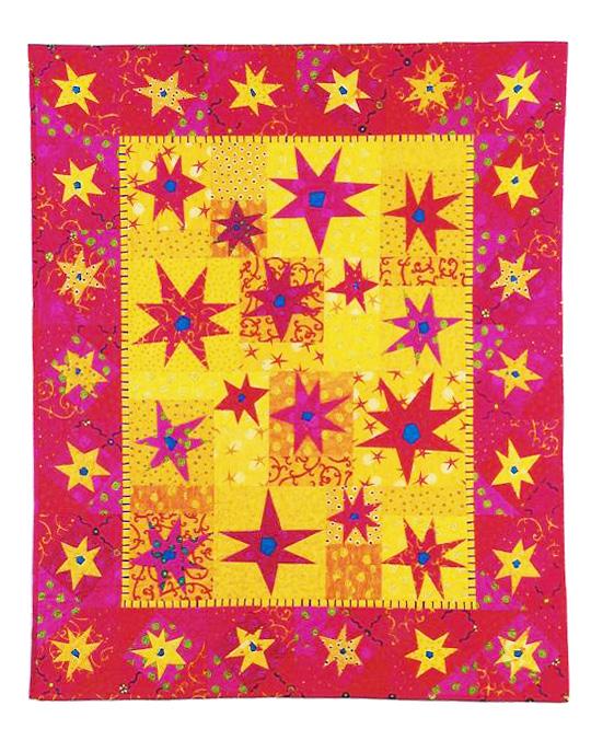 Colorful quilt with star patterns on a pink background