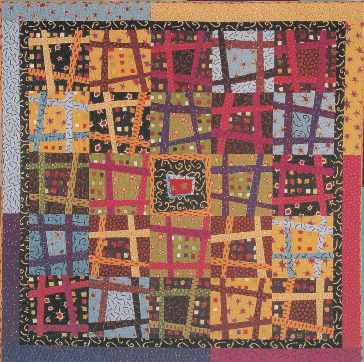 Stargazey Quilts Tartanz quilt pattern with colorful geometric design on a blue background