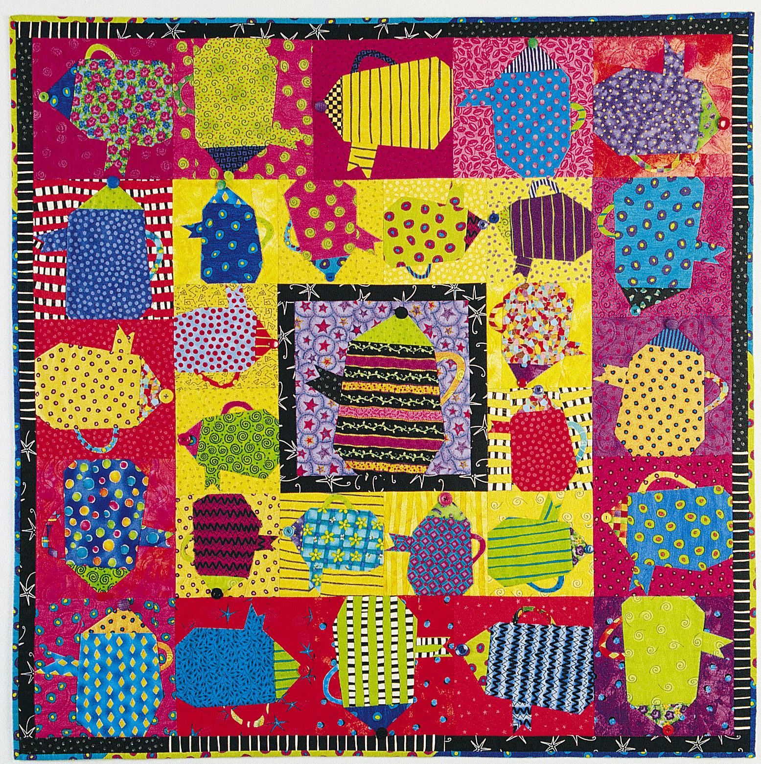 Colorful quilt with patterned teapots on a pink background