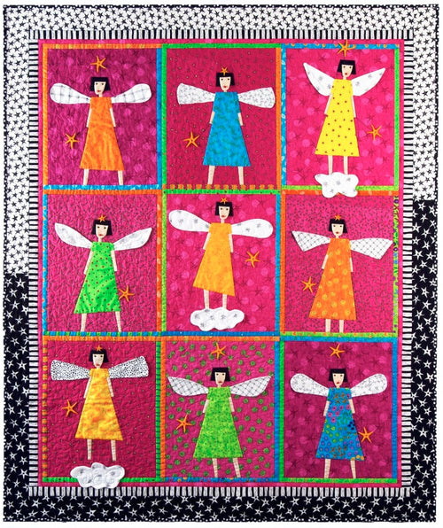 Quilt pattern with colorful angel designs on a pink background