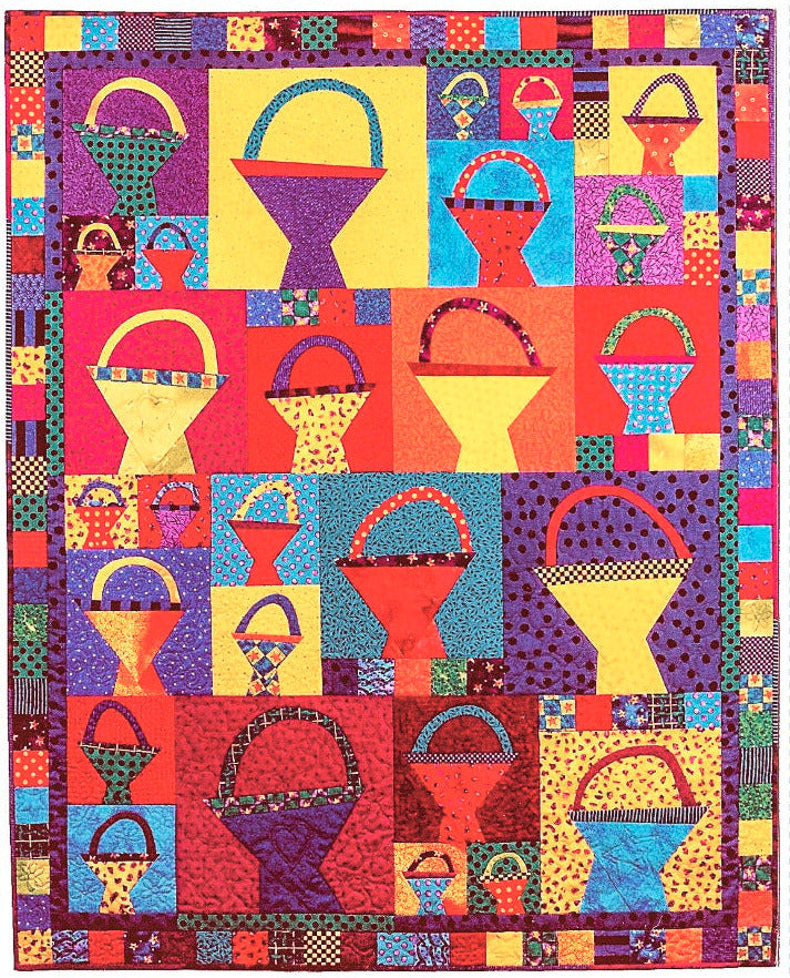 Colorful quilt pattern with geometric basket motifs on a white background