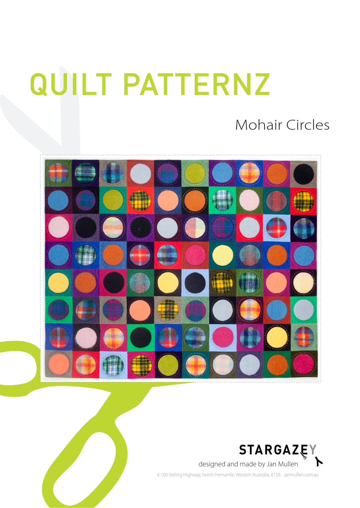 Quilt pattern with colorful circles and scissors on a white background, featuring the brand 'Stargazey'.